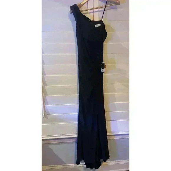 Mac Duggal Foldover Off the Shoulder Slit Gown 2 Maxi Dress Navy Trumpet Ruched - Picture 5 of 8